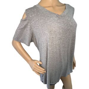 Belldini Short Sleeve V-Neck Blouse With Exposed Shoulder and Sequins